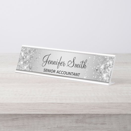 Girly Glittery Silver Gray Gradient Schreibtischnamensplakette (Vorderseite )
