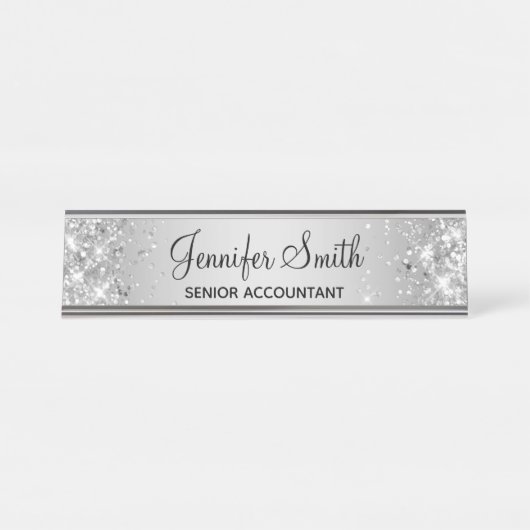 Girly Glittery Silver Gray Gradient Schreibtischnamensplakette (Vorderseite )