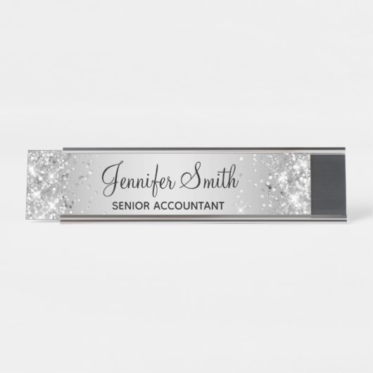 Girly Glittery Silver Gray Gradient Schreibtischnamensplakette (Vorderseite )