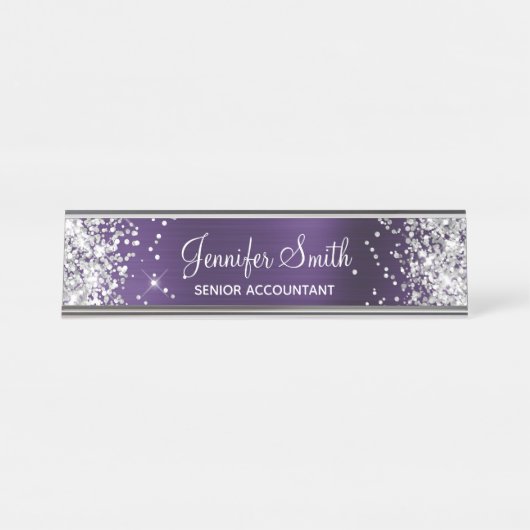 Girly Glittery Silver Imitate Dunkle Violet Foil Schreibtischnamensplakette (Vorderseite )