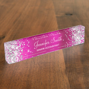 Girly Glittery Silver Imitate Hot Pink Foil Namensplakette