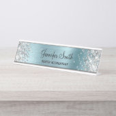 Girly Glittery Silver Imitate Light Blue Foil Schreibtischnamensplakette (Vorderseite )