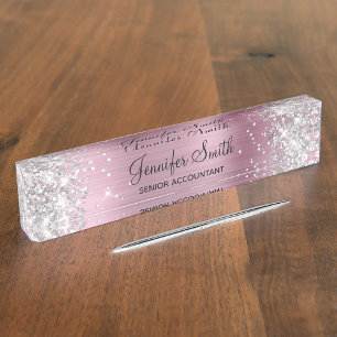 Girly Glittery Silver Imitate Light Pink Foil Namensplakette