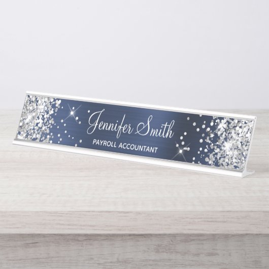 Girly Glittery Silver Imitats Navy Blue Foil Schreibtischnamensplakette (Vorderseite )