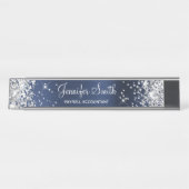 Girly Glittery Silver Imitats Navy Blue Foil Schreibtischnamensplakette (Vorderseite )