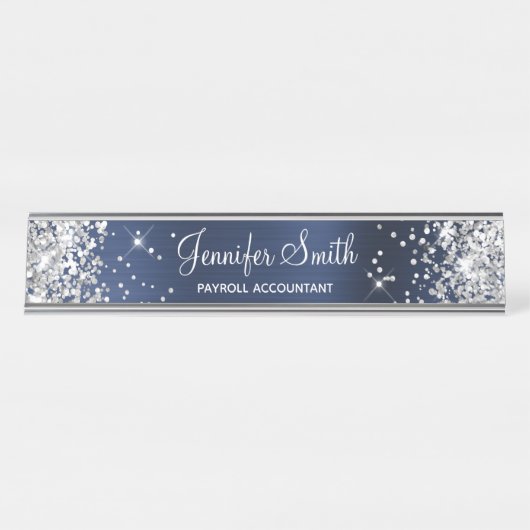 Girly Glittery Silver Imitats Navy Blue Foil Schreibtischnamensplakette (Vorderseite )