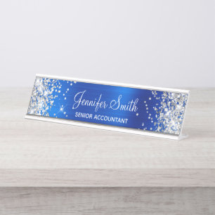 Girly Glittery Silver Imitats Royal Blue Foil Schreibtischnamensplakette
