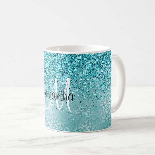 Girly Glitz Aqua Türkischer Glitzer Leopard Kaffeetasse (VorderseiteRechts)