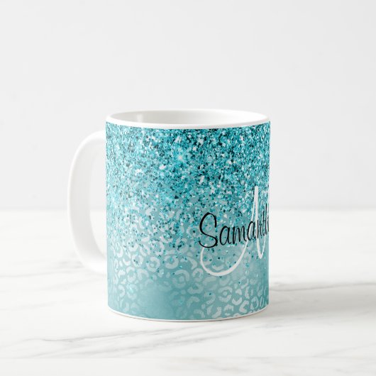 Girly Glitz Aqua Türkischer Glitzer Leopard Kaffeetasse (Vorderseite Links)
