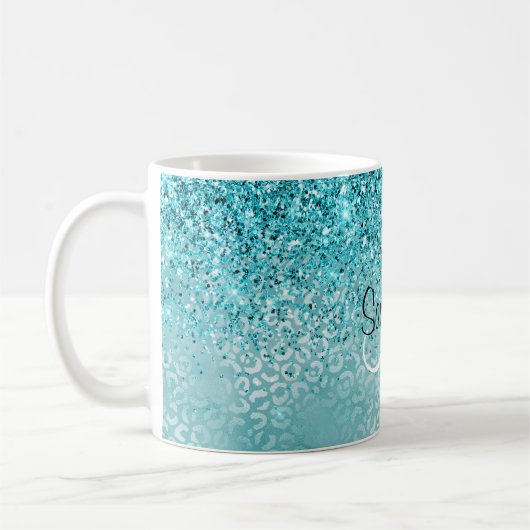 Girly Glitz Aqua Türkischer Glitzer Leopard Kaffeetasse (Links)