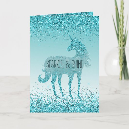 Girly Glitz Aqua Turquoise Glitter Unicorn Karte (Vorderseite)