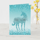 Girly Glitz Aqua Turquoise Glitter Unicorn Karte (Gelbe Blume)