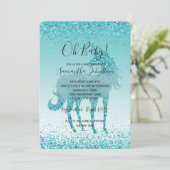 Girly Glitz Aqua Turquoise Glitzer Unicorn Einladung (Stehend Vorderseite)