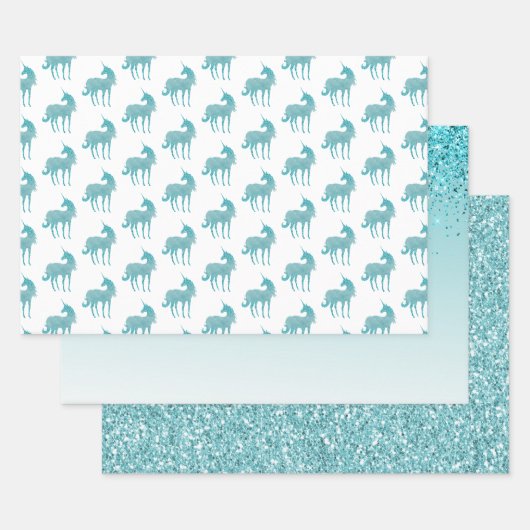 Girly Glitz Aqua Turquoise Glitzer Unicorn Geschenkpapier Set (Set)