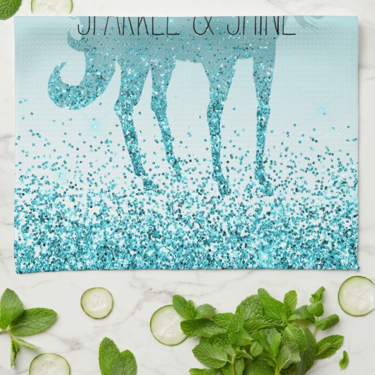 Girly Glitz Aqua Turquoise Glitzer Unicorn Geschirrtuch (Gefaltet)