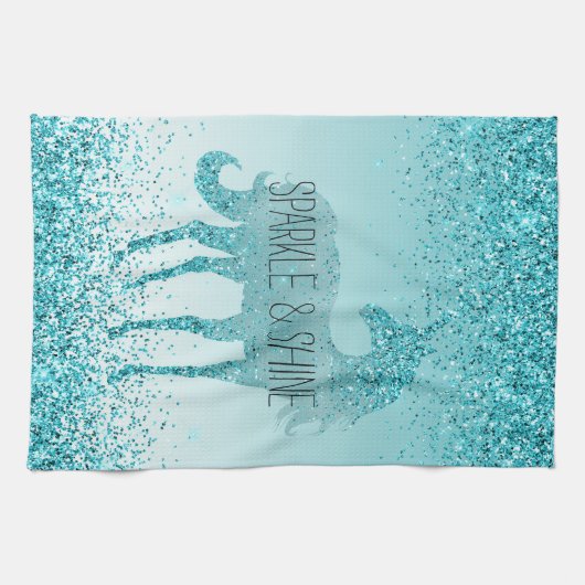 Girly Glitz Aqua Turquoise Glitzer Unicorn Geschirrtuch (Horizontal)