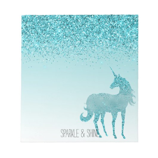 Girly Glitz Aqua Turquoise Glitzer Unicorn Notizblock (Vorderseite)