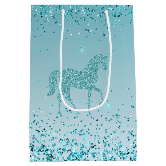 Girly Glitz Aqua Turquoise Glitzer Unicorn Ombre Mittlere Geschenktüte (Rückseite)
