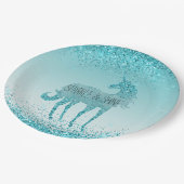 Girly Glitz Aqua Turquoise Glitzer Unicorn Pappteller (Schrägansicht)