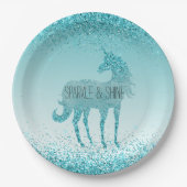 Girly Glitz Aqua Turquoise Glitzer Unicorn Pappteller (Vorderseite)