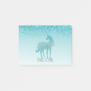 Girly Glitz Aqua Turquoise Glitzer Unicorn Post-it Klebezettel