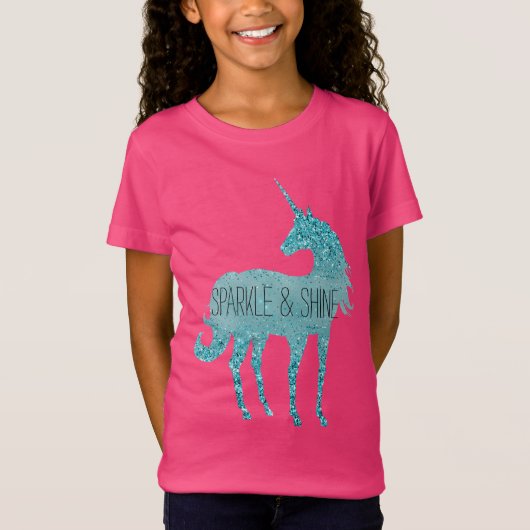 Girly Glitz Aqua Turquoise Glitzer Unicorn T-Shirt (Vorderseite)
