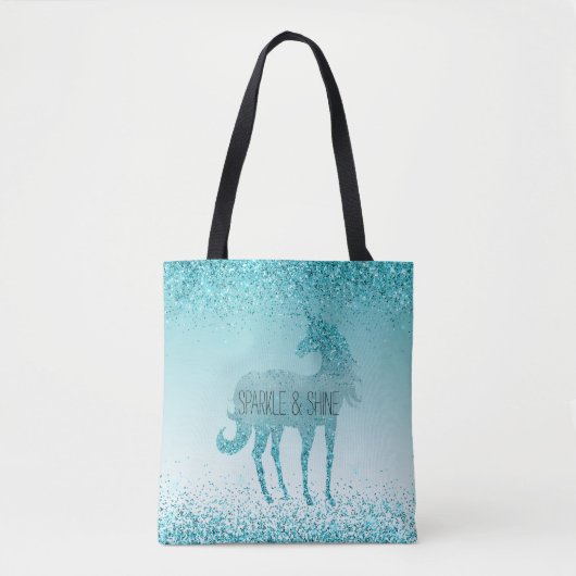 Girly Glitz Aqua Turquoise Glitzer Unicorn Tasche (Vorderseite)