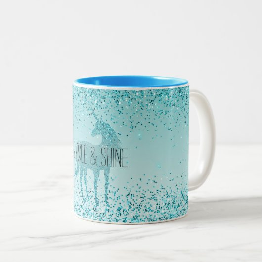 Girly Glitz Aqua Turquoise Glitzer Unicorn Zweifarbige Tasse (VorderseiteRechts)