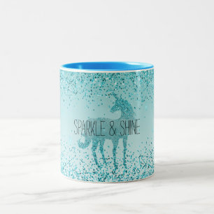 Girly Glitz Aqua Turquoise Glitzer Unicorn Zweifarbige Tasse