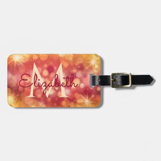 Girly Glitzer Coral Orange Bokeh Initial Monogram Gepäckanhänger (Vorderseite horizontal)