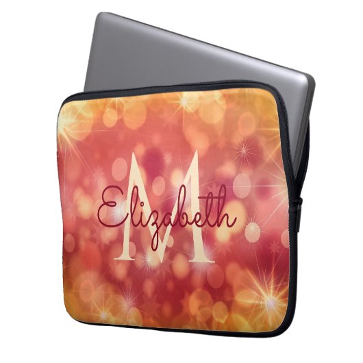Girly Glitzer Coral Orange Bokeh Initial Monogram Laptopschutzhülle (Vorderseite Links)