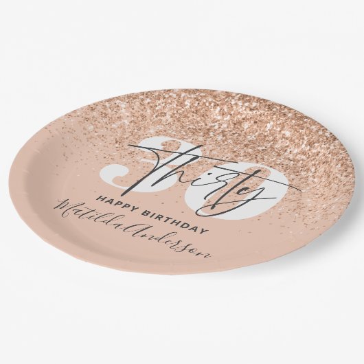 Girly Glitzer funkelt modernes 30. Party Pappteller (Schrägansicht)