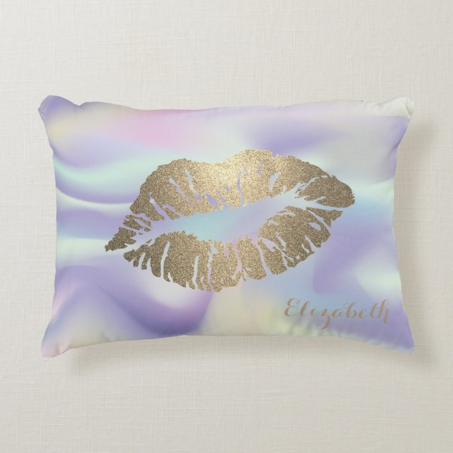 Girly Glitzer Lips Holographic Dekokissen (Vorderseite)