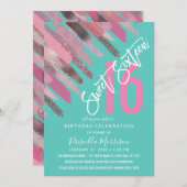 Girly Glitzer Paint Brushstroke Pink Aquamarin Swe Einladung (Vorne/Hinten)