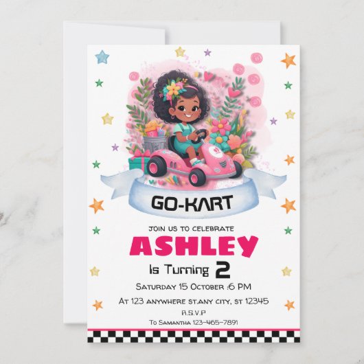 Girly Go Kart Birthday Einladung (Vorderseite)
