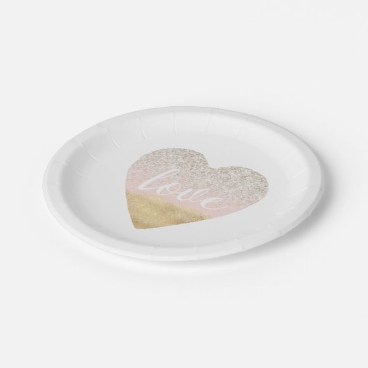 Girly Gold Blush Rosa Liebe Herz Pappteller (Schrägansicht)