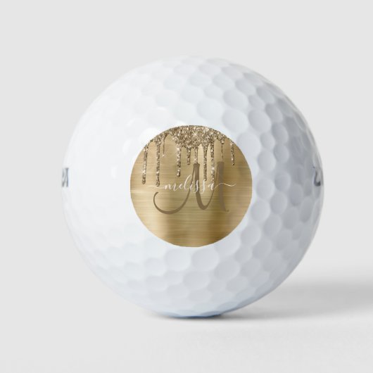 Girly Gold Brushed Metal Dripping Glitzer Name Golfball (Vorderseite)