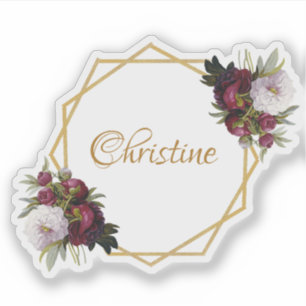 Girly Gold Burgund Weinrote Pfingstrosen Name Flor Aufkleber