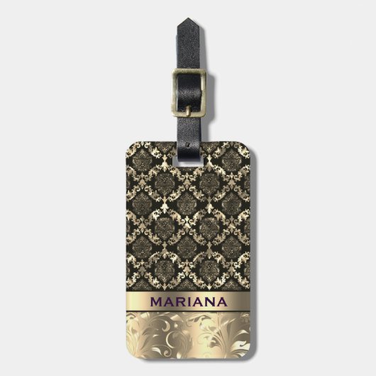 Girly Gold Damasks & Metallic Wirbel Gepäckanhänger (Vorderseite vertikal)