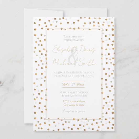 Girly Gold Dots Confetti White Design Einladung (Vorderseite)