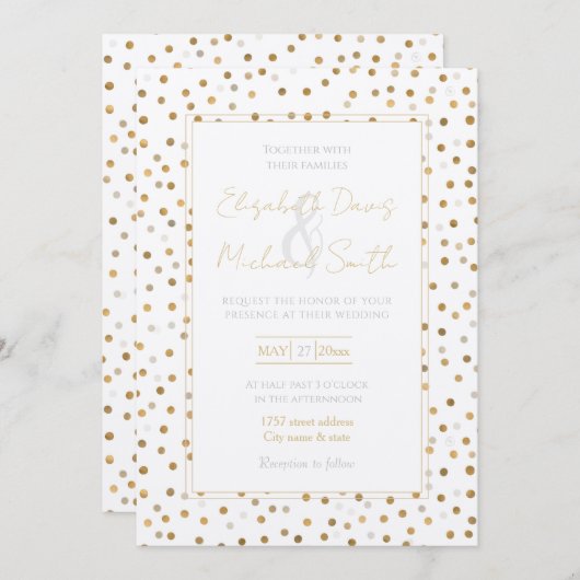 Girly Gold Dots Confetti White Design Einladung (Vorne/Hinten)