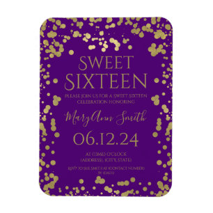 Girly Gold Foil Confetti Sweet 16 Lila einladen Magnet