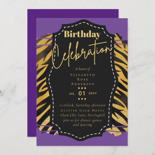 Girly Gold Glitzer Animal Print Birthday JEDES Alt Einladung (Vorne/Hinten)
