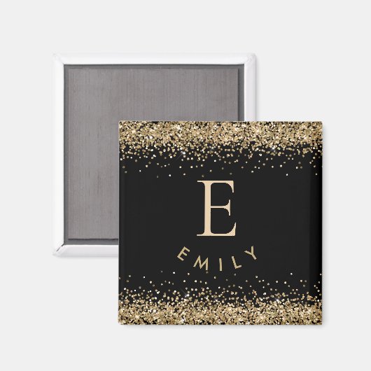 Girly Gold Glitzer Black Monogram Initial Name Magnet (Vorderseite/Rückseite)