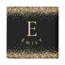 Girly Gold Glitzer Black Monogram Initial Name