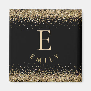 Girly Gold Glitzer Black Monogram Initial Name Magnet