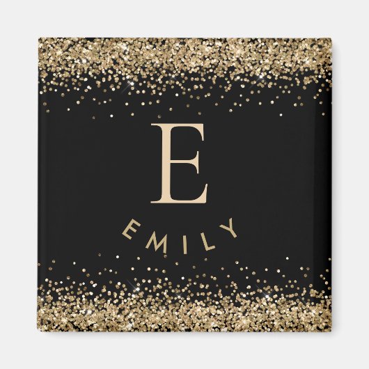 Girly Gold Glitzer Black Monogram Initial Name Magnet (Vorne)