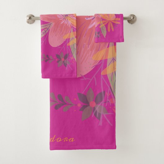 Girly Gold Leaf Fuchsia Blume Badhandtuch Set (Insitu)