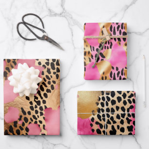 Girly Gold Pink Leopard Geschenkpapier Set