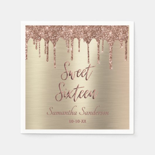 Girly Gold Rose Gold Glitzer Tropfen Sweet 16 Serviette (Vorderseite)